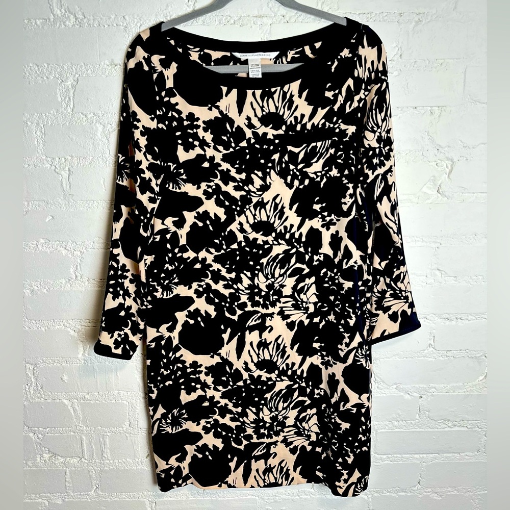 Diane Von Furstenberg Silk Dress | Elegant Black and Cream Floral Dress Size 8